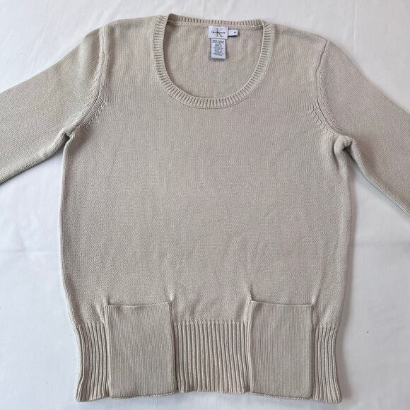Calvin Klein Vintage Cotton Knit Beige Sweater women’s size medium Pockets - Picture 5 of 6